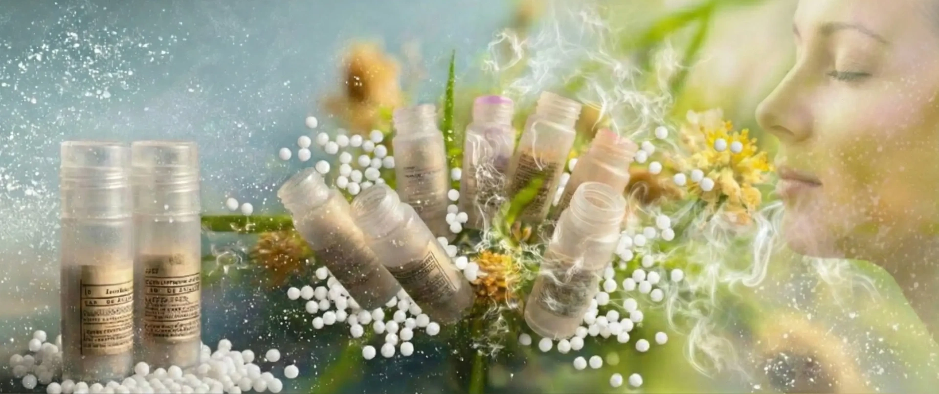 Homéopathie gazeuse et flacons homéopathiques avec granules et inhalation naturelle